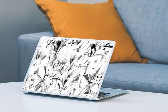 Sticker pour ordinateur portable - 14 pouces - Aquarelle animaux et plantes de la jungle sur fond blanc - noir blanc