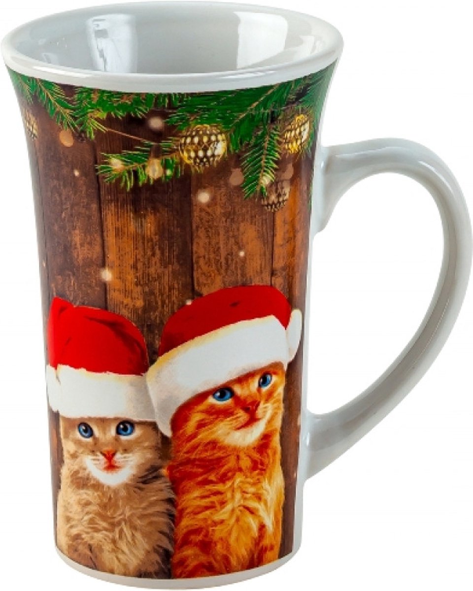 Mok / Mug Kerstkatten: voor koffie of thee Rosse 'Kerstkittens' met kerstmuts 14cm Ø9cm