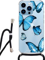 iPhone 13 Pro Max hoesje met koord - Blauwe vlinders | Apple iPhone 13 Pro Max crossbody case | Zwart, Transparant | Geen opdruk