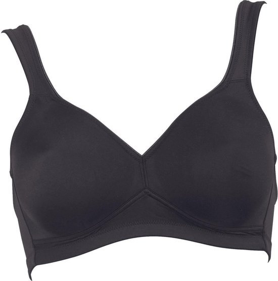 Zwarte beha met v-hals, naadjes op de cups en brede band onder de borst.