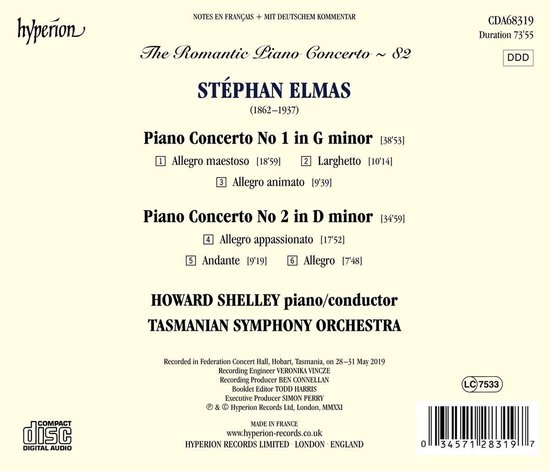 Albumhoes van 'The Romantic Piano Concerto ~ 82' met de titels van Elmas' pianoconcerten en Howard Shelley met het Tasmanian Symphony Orchestra.