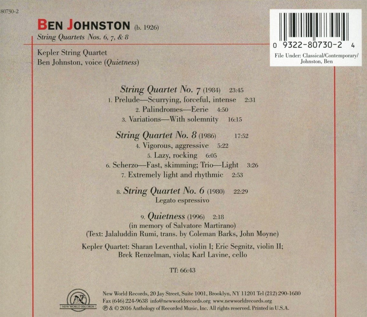 Kepler Quartet - Ben Johnston: String Quartets Nos. 6 7 & 8 (CD), Ben ...