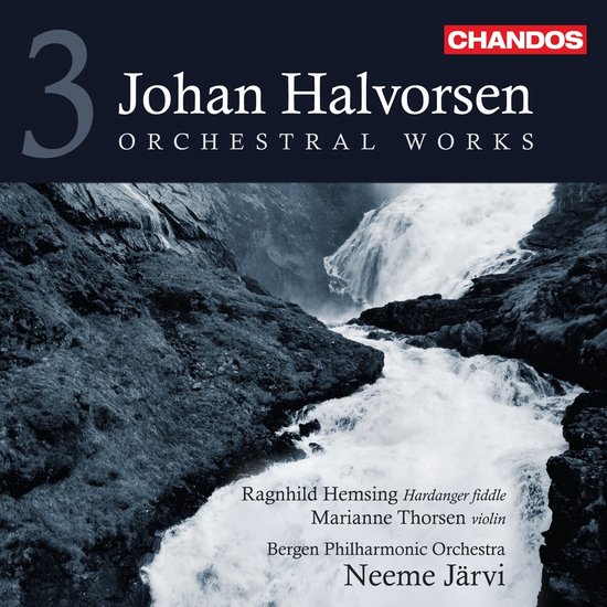 Cover van Johan Halvorsen Orchestral Works, Volume 3 met een zwart-wit foto van een waterval in Noorwegen.