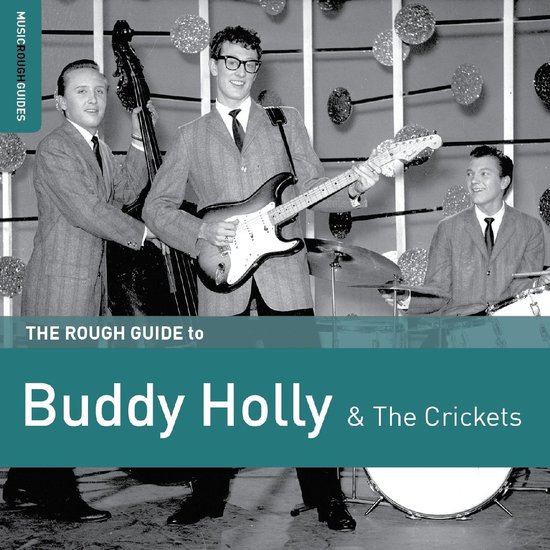 Buddy Holly & The Crickets poseren met instrumenten, Buddy Holly in midden met gitaar.
