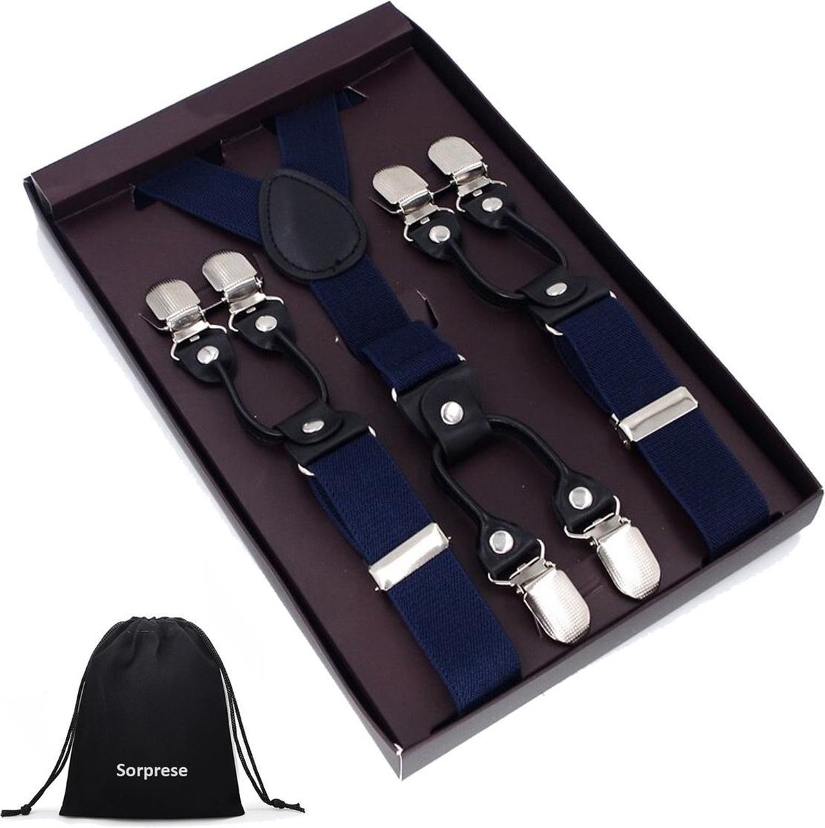 Luxe chique bretels - Donkerblauw effen - Sorprese - zwart leer - 6 stevige clips - 2,5 cm breed - heren - unisex