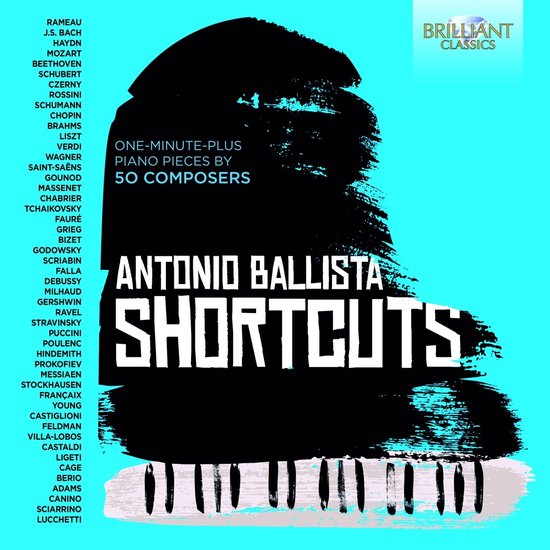 Albumhoes "Short Cuts" met zwarte penseelstreken en pianotoetsen, "Antonio Ballista" en "Brilliant Classics" logo.