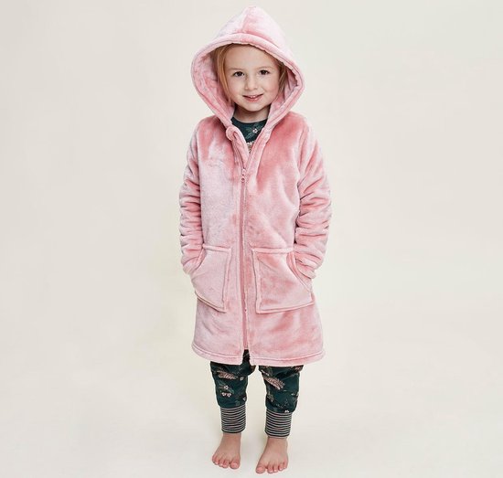 Charly Choe kinderbadjas met rits – 100 % zacht fleece – oud roze kinderbadjas met capuchon – trendy meisjes badjas - maat 164/176