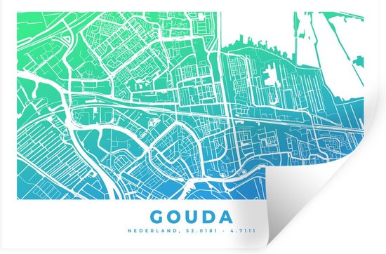 Stickers Stickers muraux - Plan de la ville - Gouda - Blauw - Vert - 120x80 cm - Feuille adhésive - Carte