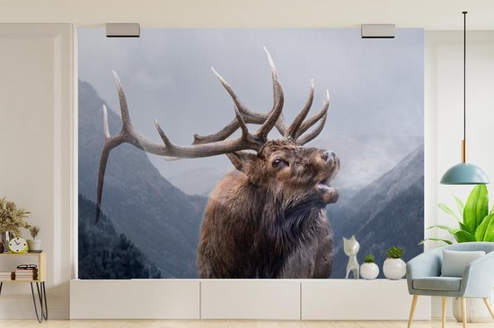 Papier peint photo peint photo vinyle - Double exposition cerf et montagnes largeur 360 cm x hauteur 260 cm - Tirage photo sur papier peint (disponible en 7 tailles)