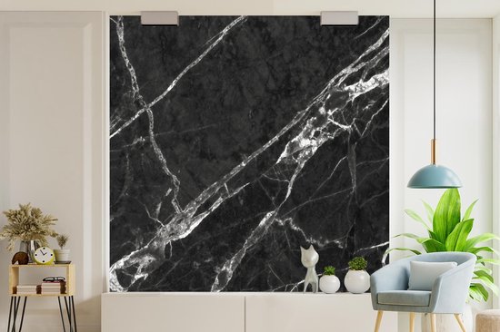 Behang - Fotobehang Marmer - Lijn - Wit - Zwart - Breedte 260 cm x hoogte 260 cm