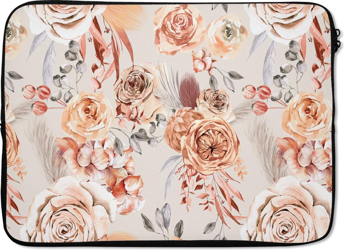 Laptophoes 14 inch - Rozen - Oranje - Bruin - Rood - Laptop sleeve - Binnenmaat 33x23 cm - Zwarte achterkant