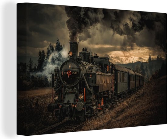 Canvas Schilderij Oude stoomtrein rijdt op een avond - 30x20 cm - Wanddecoratie
