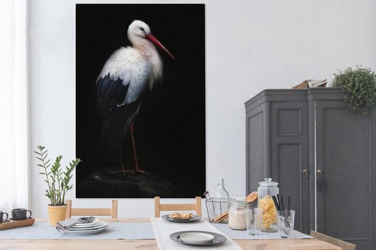 Canvas schilderij 120x180 cm - Wanddecoratie Portret ooievaar op zwarte achtergrond - Muurdecoratie woonkamer - Slaapkamer decoratie - Kamer accessoires - Schilderijen op canvas
