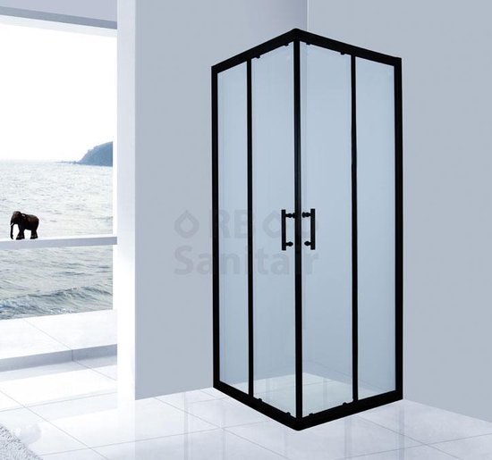 Douchecabine 90x90 zwart hoekinstap met Schuifdeur 8 mm Nano glas