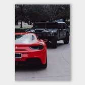 Poster Ferrari x Hummer - Dibond - 50x70 cm - Meerdere Afmetingen & Prijzen | Wanddecoratie - Interieur - Art - Wonen - Schilderij - Kunst