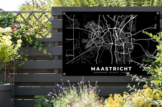 Tuinposter 120x80 cm - Tuindecoratie Kaart - Maastricht - Zwart - Poster voor in de tuin - Buiten decoratie - Schutting tuinschilderij - Tuindoek muurdecoratie - Wanddecoratie balkondoek