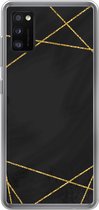 Geschikt voor Samsung Galaxy A41 hoesje - Geometrisch patroon van gouden lijnen op een zwarte achtergrond - Siliconen Telefoonhoesje