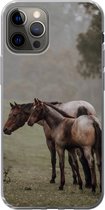 Geschikt voor iPhone 12 Pro hoesje - Paarden - Natuur - Mist - Siliconen Telefoonhoesje