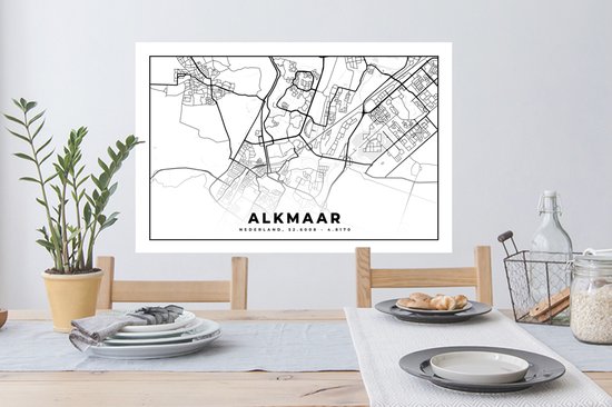 Stickers muraux - Plan de la ville - Alkmaar - Zwart - Wit - 90x60 cm - Feuille adhésive - Carte