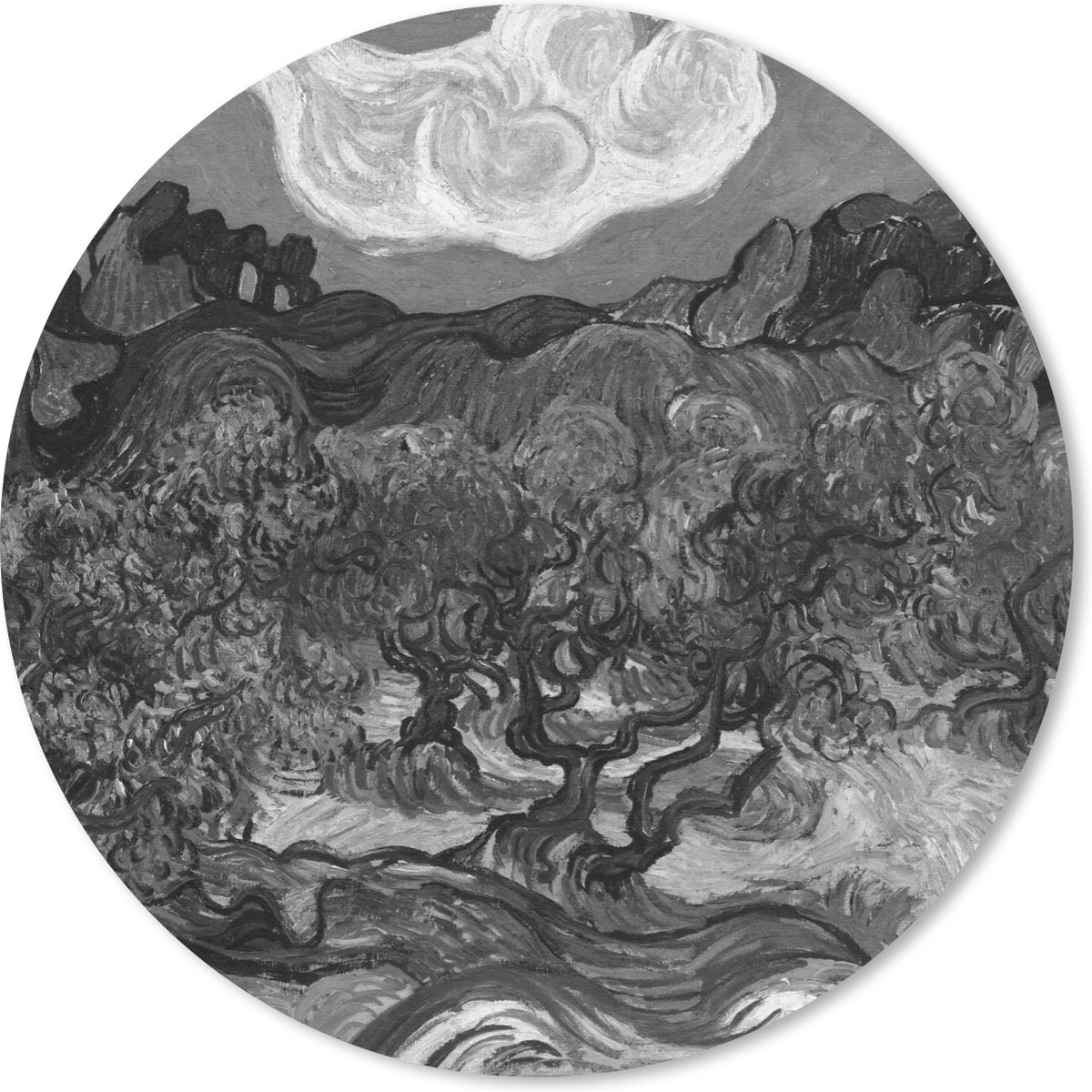 Muismat rond 40x40 cm - Mousepad Olijfbomen - Vincent van Gogh - Zwart - Wit - Ronde muismatten