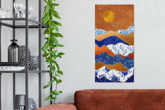 Peinture sur Toile Blauw de Delft - Or - Fleurs - 40x80 cm - Décoration murale