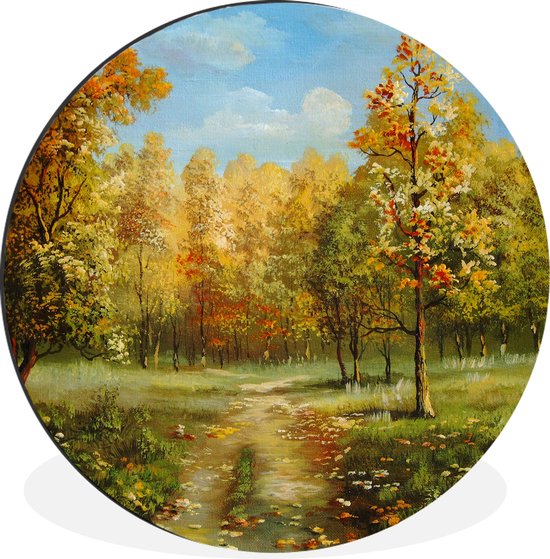 WallCircle - Wandcirkel - Muurcirkel - Een illustratie van herfstachtige bomen in een bos - Aluminium - Dibond - ⌀ 60 cm - Binnen en Buiten