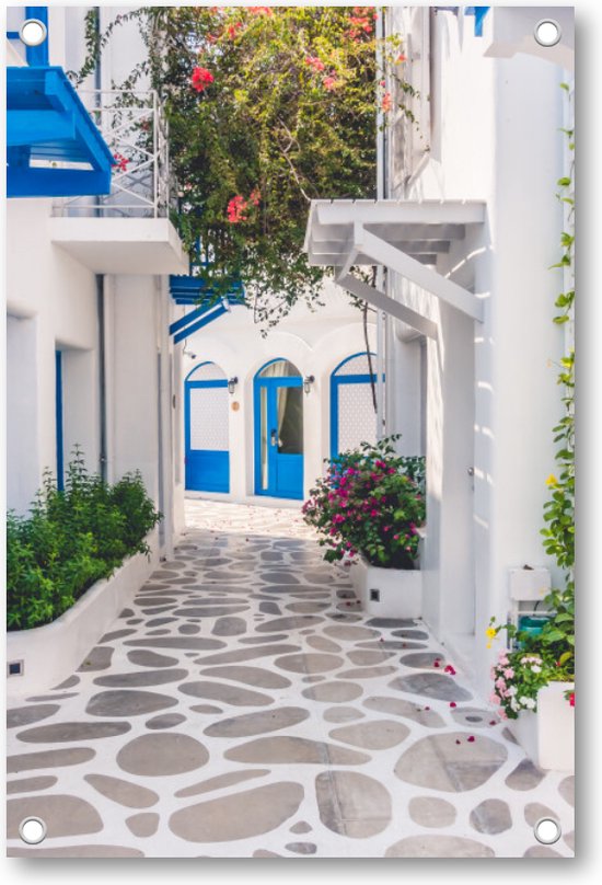 Grieks Straatje - Griekenland - Tuinposter - Wanddecoratie - Bloemen