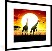 Fotolijst incl. Poster - Een illustratie van Afrikaanse giraffen tegen de zon - 40x40 cm - Posterlijst