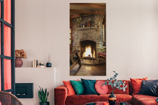 Peinture sur toile 80x160 cm - Décoration murale Feu brûlant dans une cheminée - Décoration murale murale salon - Décoration chambre - Accessoires de chambre - Peintures