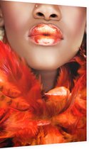 Vrouw in Orange veren - Foto op Dibond - 60 x 90 cm