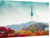 De Namsan Seoul Tower achter een herfstdecor in Korea - Foto op Dibond - 90 x 60 cm