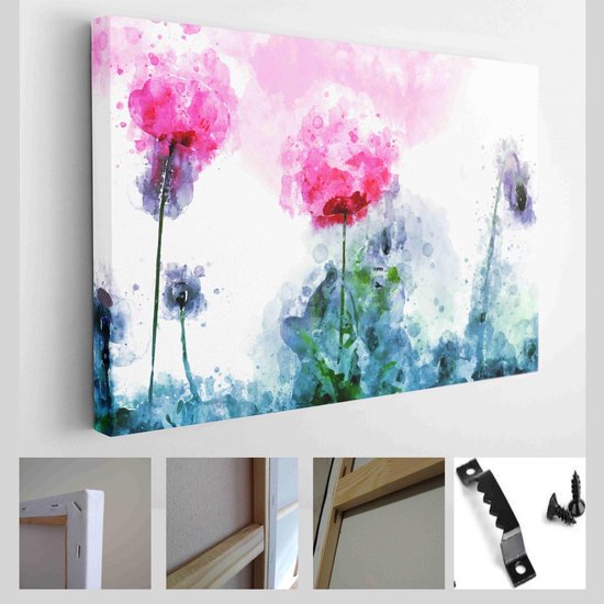 Abstracte rode papaver bloemen op grunge en bespat aquarel achtergrond, digitale aquarel schilderij - Modern Art Canvas - Horizontaal - 657312034