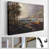 Onlinecanvas - Schilderij - Tekening Een Boslandschap Met Een Boot En Een Man Art Horizontaal - Multicolor - 40 X 30 Cm