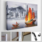Olieverfschilderij - Victoria Harbour, Hong Kong - Modern Art Canvas - Horizontaal - 613777481