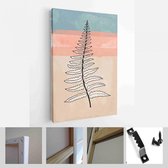 Minimalistische aquarel schilderij artwork. Earth Tone Boho gebladerte lijntekeningen met abstracte vorm - moderne kunst canvas - verticaal - 1937931187