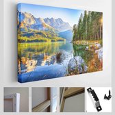Faboulus herfstlandschap van het Eibsee-meer voor de top van de Zugspitze onder zonlicht - Modern Art Canvas - Horizontaal - 1569871894