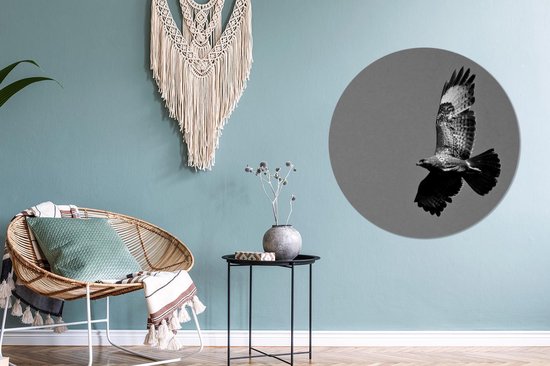 WallCircle - Wandcirkel - Muurcirkel - Buizerd beeldt zich af tegen de heldere hemel - zwart wit - Aluminium - Dibond - ⌀ 90 cm - Binnen en Buiten