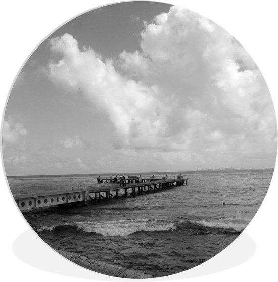 WallCircle - Wandcirkel ⌀ 60 - Pier in Caribische Zee bij Isla Mujeres - zwart wit - Ronde schilderijen woonkamer - Wandbord rond - Muurdecoratie cirkel - Kamer decoratie binnen - Wanddecoratie muurcirkel - Woonaccessoires