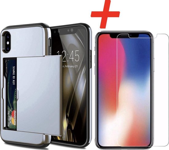 Pasjeshouder geschikt voor Apple iPhone X / XS - Zilver - met Glazen Screenprotector