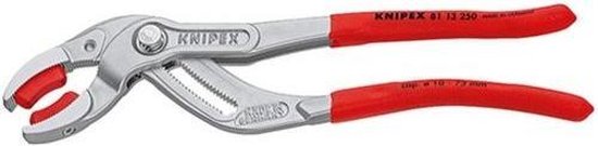Knipex tang met rode handvatten, "KNIPEX 81 13 250 MADE IN GERMANY" en "cap. ø 10-75 mm".