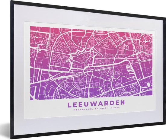 Fotolijst incl. Poster - Stadskaart - Leeuwarden - Nederland - Paars - 60x40 cm - Posterlijst - Plattegrond