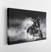 Canvas schilderij - High power motorcycle chopper with man rider at night. Fog with backlights on background.  -     647007121 - 40*30 Horizontal