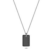 Twice As Nice Halsketting in edelstaal, rechthoekige hanger met zwarte kristallen 50 cm+5 cm