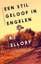Boekcover met de titel 'Een stil geloof in engelen' in grote zwarte letters. Op de achtergrond een molen en bomen bij zonsondergang.