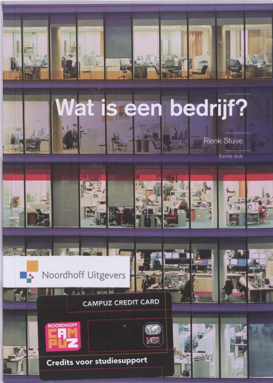 Boek 'Wat is een bedrijf?' met op de voorkant een gebouw met ramen waar mensen aan het werk zijn. Een creditcard is afgebeeld met 'Noordhoff Campuz'.