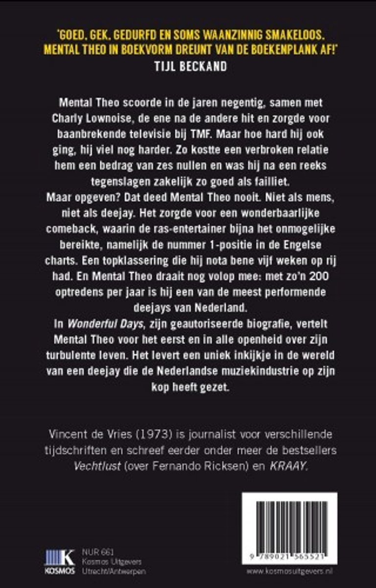 Boekcover van Vincent de Vries over Mental Theo, met citaten en informatie over de inhoud.