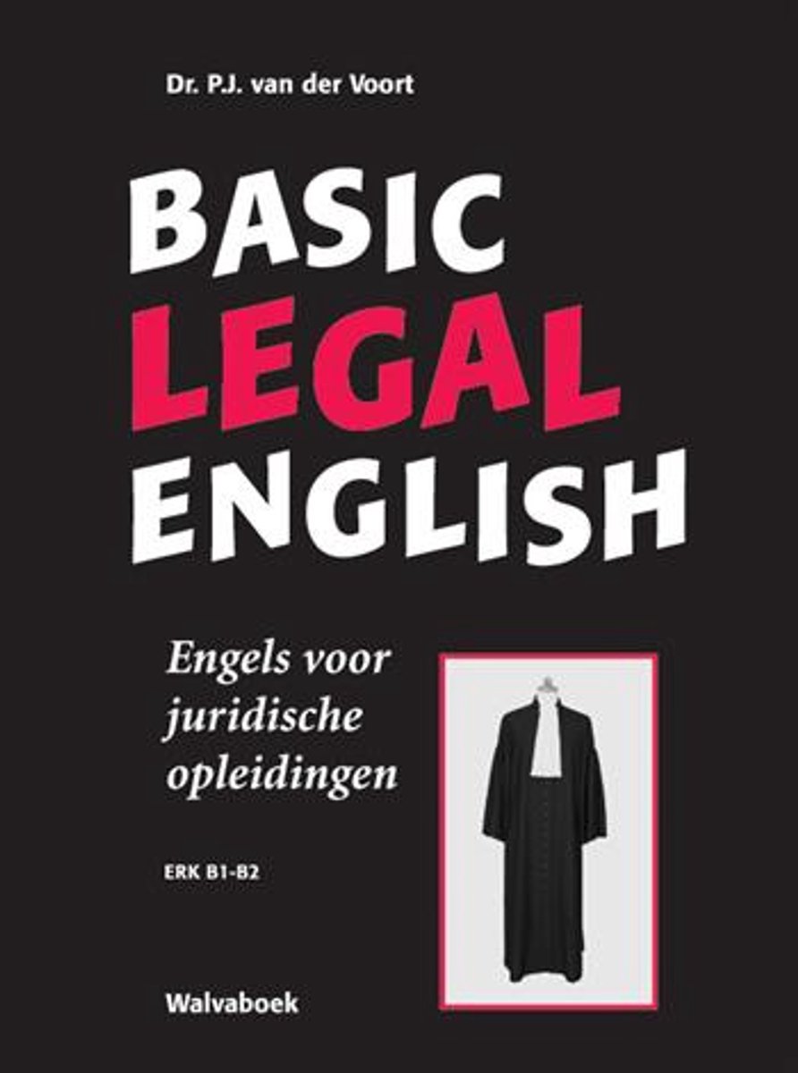 Boek "BASIC LEGAL ENGLISH" met een afbeelding van een zwarte toga met witte revers.
