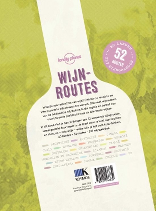 Achterkant van een boek met een flesvormige achtergrond, de titel 'Wijnroutes' en een lijst van landen.