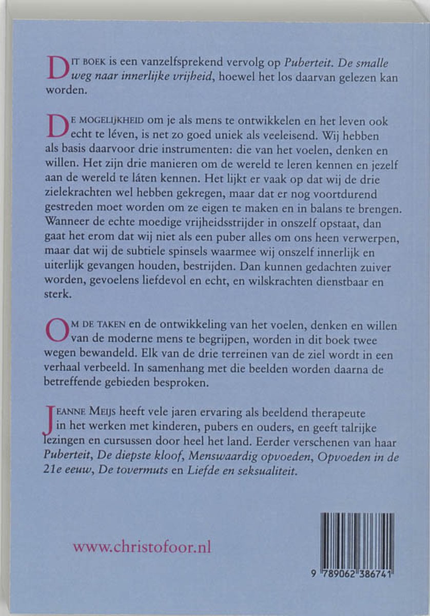 Achterkant van een boek met tekst over "De puberteit voorbij". Met een barcode en website "www.christofoor.nl".