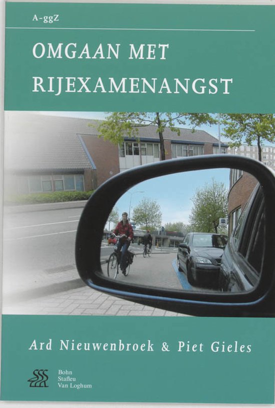 Boekomslag 'Omgaan met rijexamenangst'. Spiegel toont fietsers en auto's.